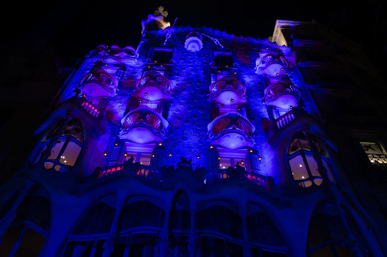 architecture, night, light, built structure, low angle view, building exterior, illuminated, no people, darkness, travel destinations, building, blue, religion, city, place of worship, belief