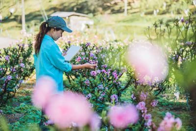 Female researcher examining flowers on land