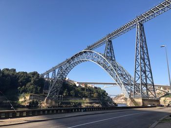 Low angle view of bridge against clear blue sky