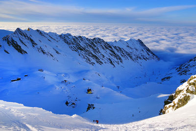 Low angle view of snowcapped mountains against sky