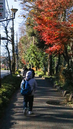 Rear view of man and woman walking on street