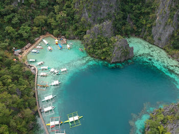 High angle view of sea and rock formations