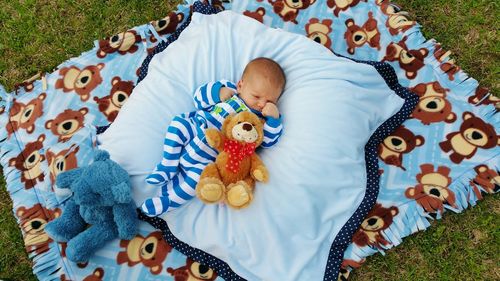 High angle view of baby boy with stuffed toys resting on field