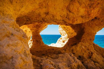 Scenic view of sea seen through rock formation