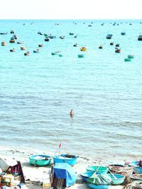 High angle view of boats moored in sea