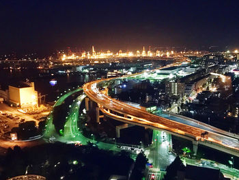 High angle view of illuminated city at night