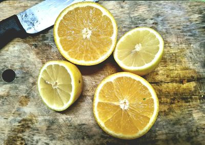 High angle view of lemon slices on table