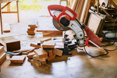 Close-up of machinery at carpentry workshop