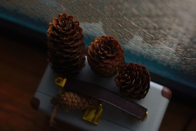 High angle view of chocolate cake on table