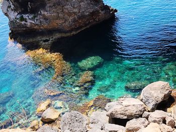 High angle view of rocks in sea