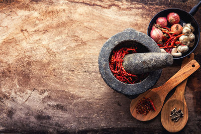 High angle view of red chili peppers in bowl