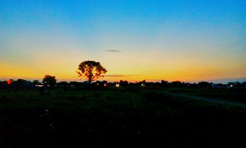 Scenic view of field against sky at sunset