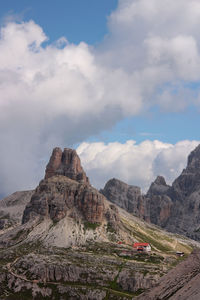 Tre cime di lavaredo. landscape and details. veneto - italy. panoramic view of landscape against sky