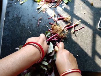 High angle view of hands holding flowers