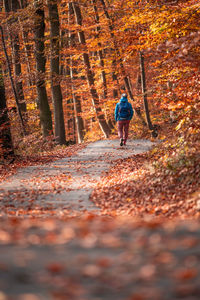 Rear view of woman walking on road during autumn