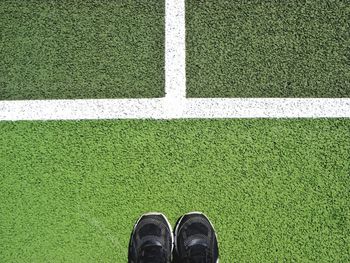 Low section of man standing on grassland