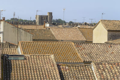 High angle view of roof and houses against sky
