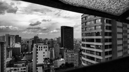 High angle view of buildings against sky