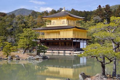 Built structure by lake against sky