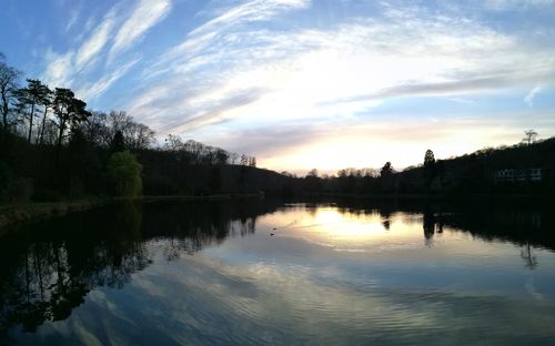 Reflection of trees in lake during sunset