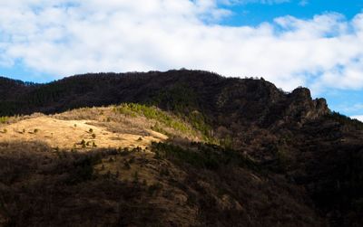 Scenic view of mountains against cloudy sky