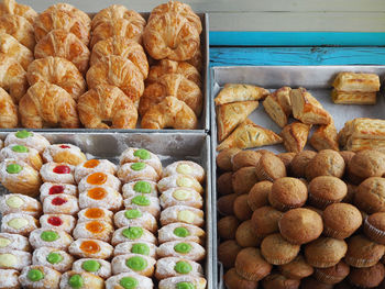 High angle view of food for sale in bakery