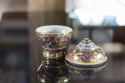 Close-up of tea in glass bowl on table