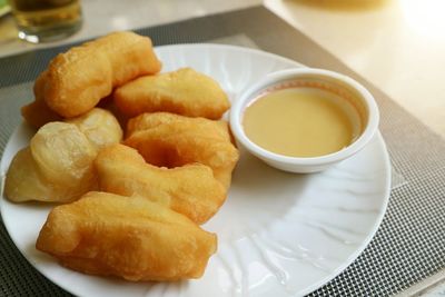 High angle view of breakfast in plate on table