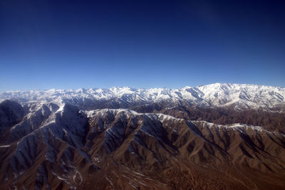 Scenic view of snowcapped mountains against clear blue sky