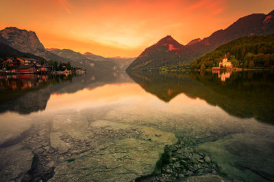 Scenic view of lake against sky during sunset