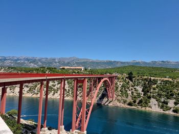 Bridge over river against clear blue sky