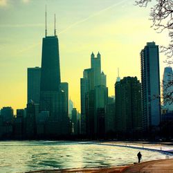 City skyline at sunset