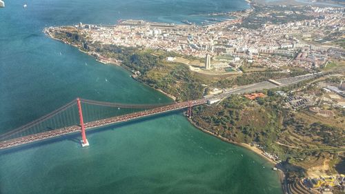 Aerial view of april 25th bridge over tagus river