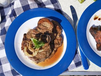 High angle view of meal served on table