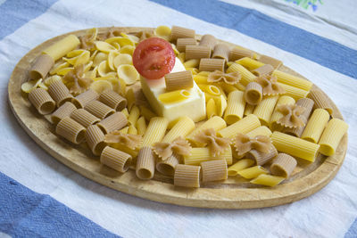 High angle view of food in plate on table