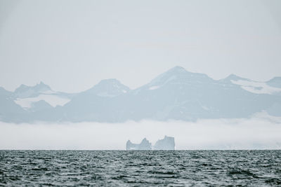 Scenic view of sea and snowcapped mountains against sky