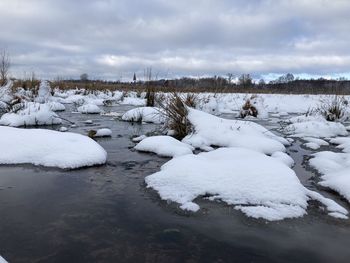 Frozen river against sky during winter