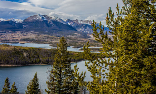 Scenic view of mountains and lake against sky