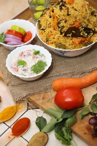 High angle view of salad in bowl on table