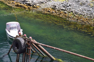 Close-up of boat on lake