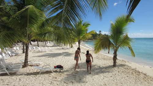 Rear view of women walking on sandy beach