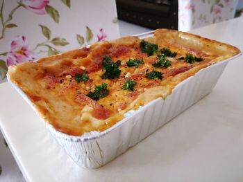 High angle view of pizza on table