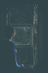 Rear view of woman looking through window