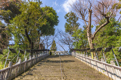 Footbridge amidst trees against sky