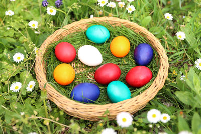 Close-up of easter eggs in basket