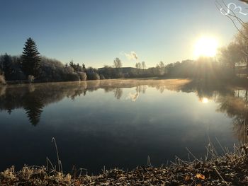 Panoramic view of lake against sky during sunset