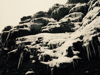 Close-up of snow covered mountain against clear sky