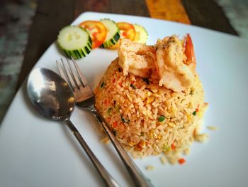High angle view of breakfast served on table