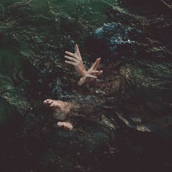 High angle view of woman hand on rock