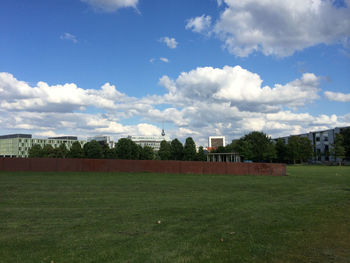 Trees on grassy field against cloudy sky